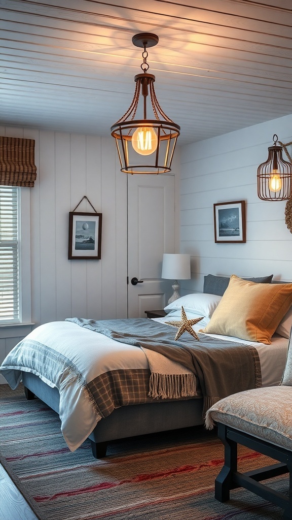 Coastal bedroom with rustic lantern-style lighting and soft bedding