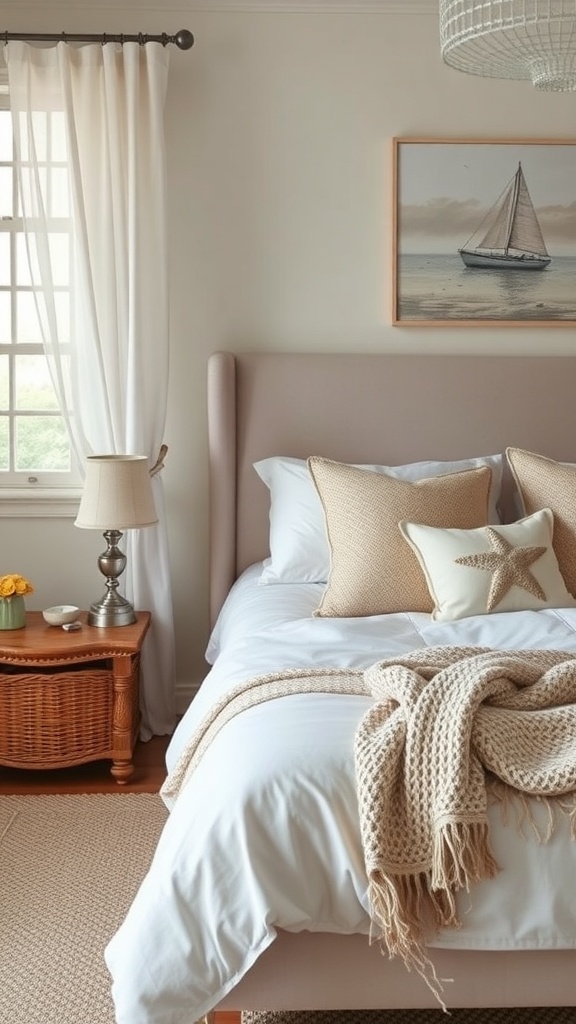 A coastal bedroom featuring white linens, a knitted throw, starfish pillow, and light curtains.