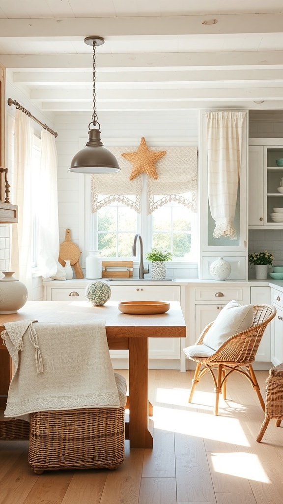 A bright coastal farmhouse kitchen with soft furnishings and beachy textiles.
