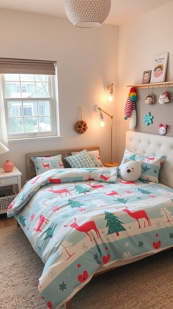 A cozy kids' bedroom with winter-themed bedding featuring reindeer and snowflakes.