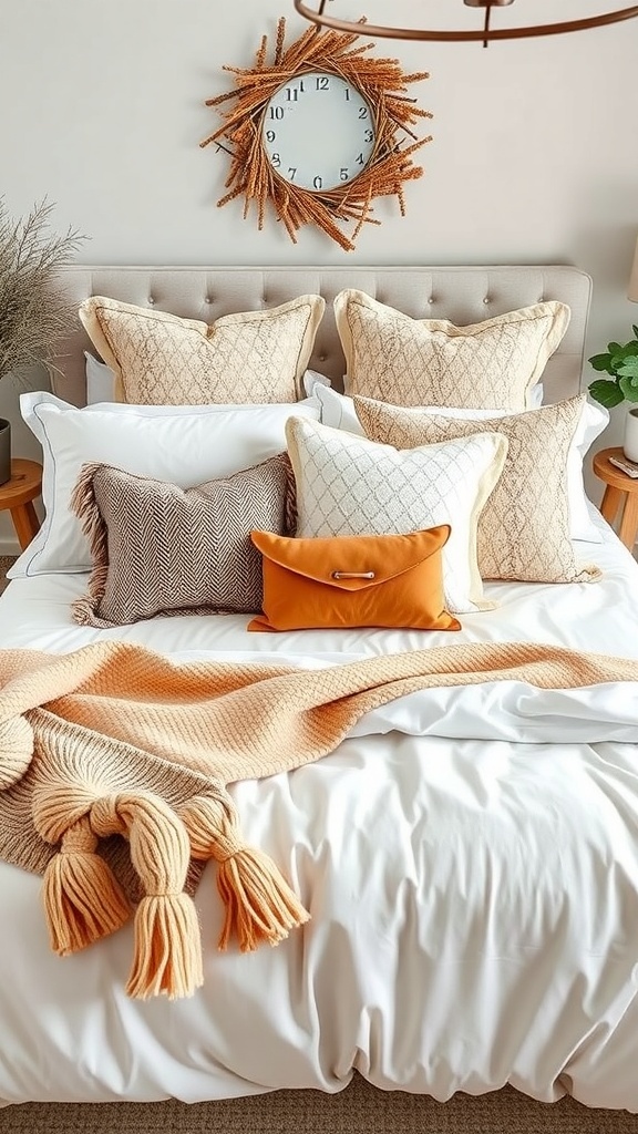 A cozy winter bedding setup featuring warm colors and layered textures.
