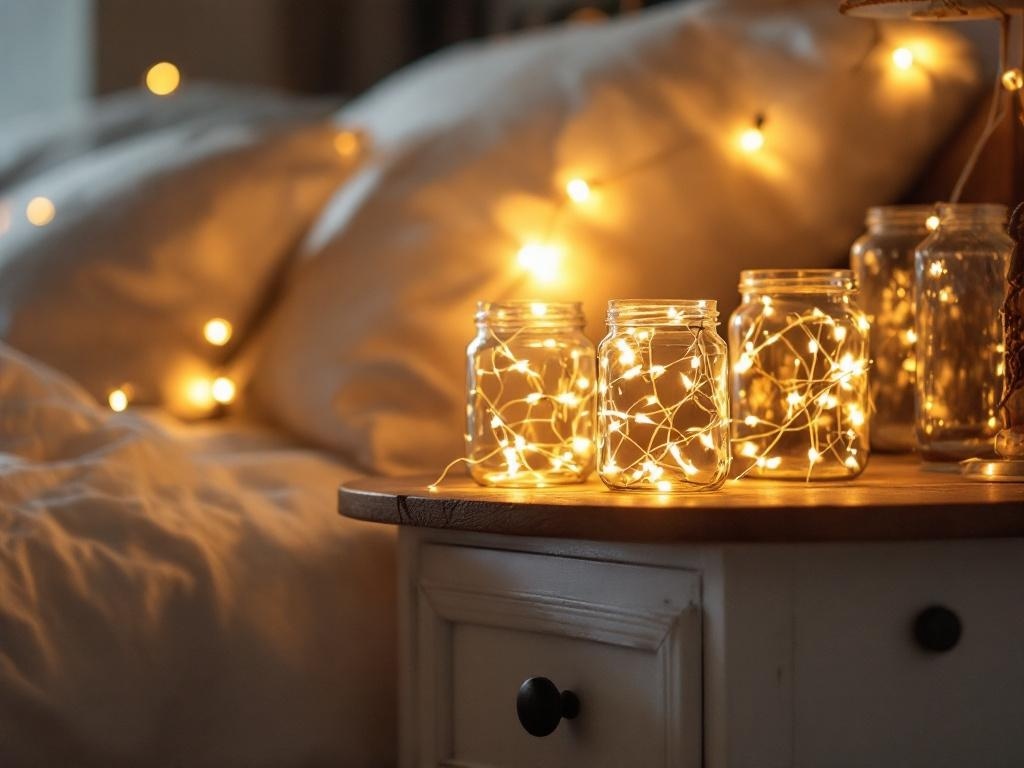 A bedside table with glass jars filled with fairy lights, creating a warm glow next to a bed.