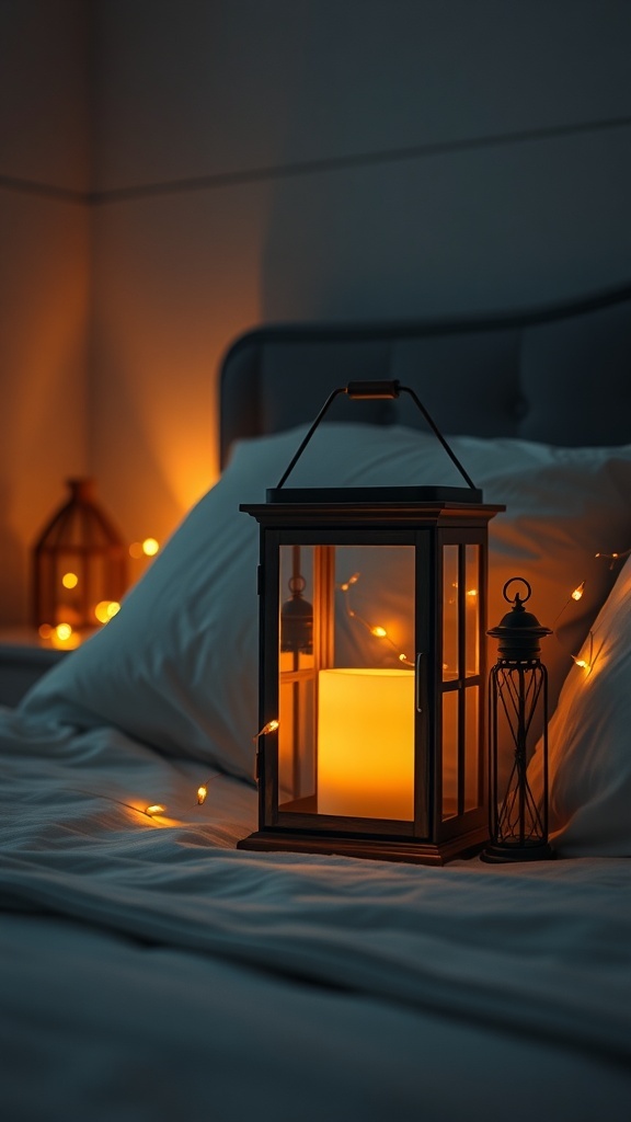 A bedside lantern with soft illumination surrounded by fairy lights on a bed.