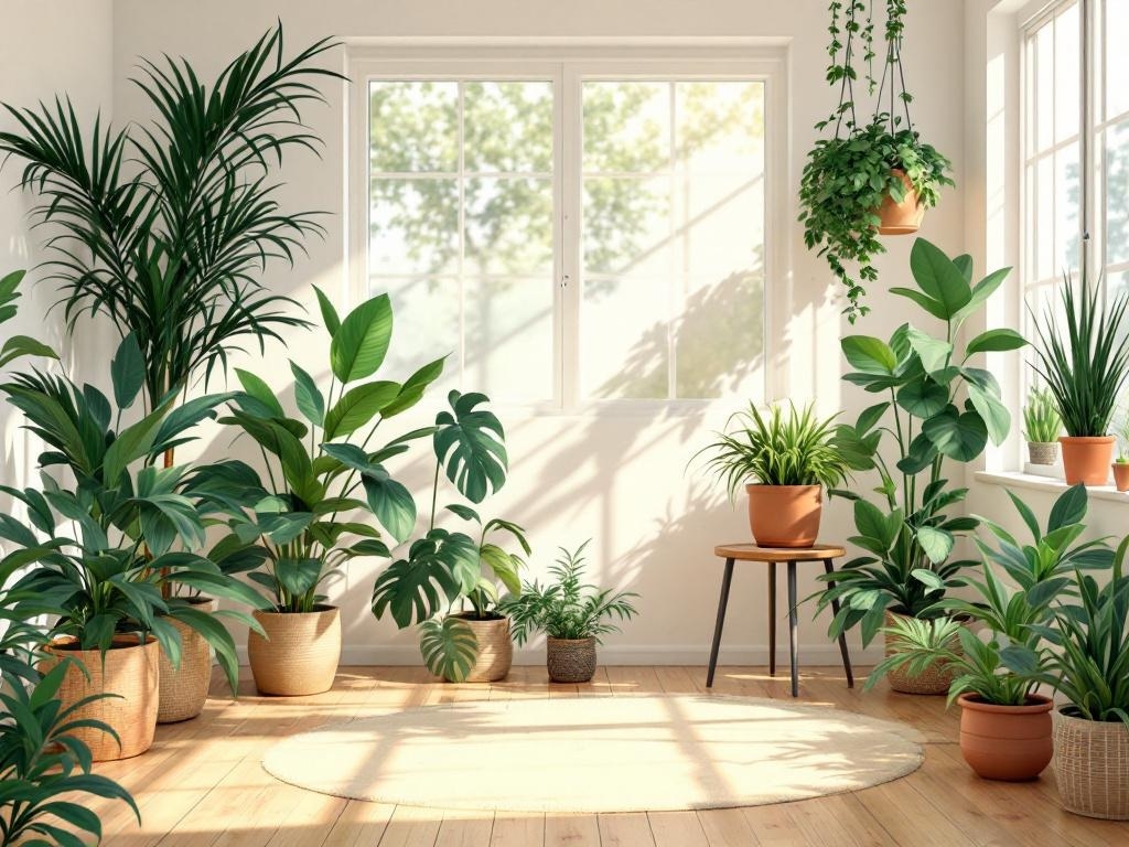 A bright room filled with various indoor plants, showcasing a lively and inviting atmosphere.