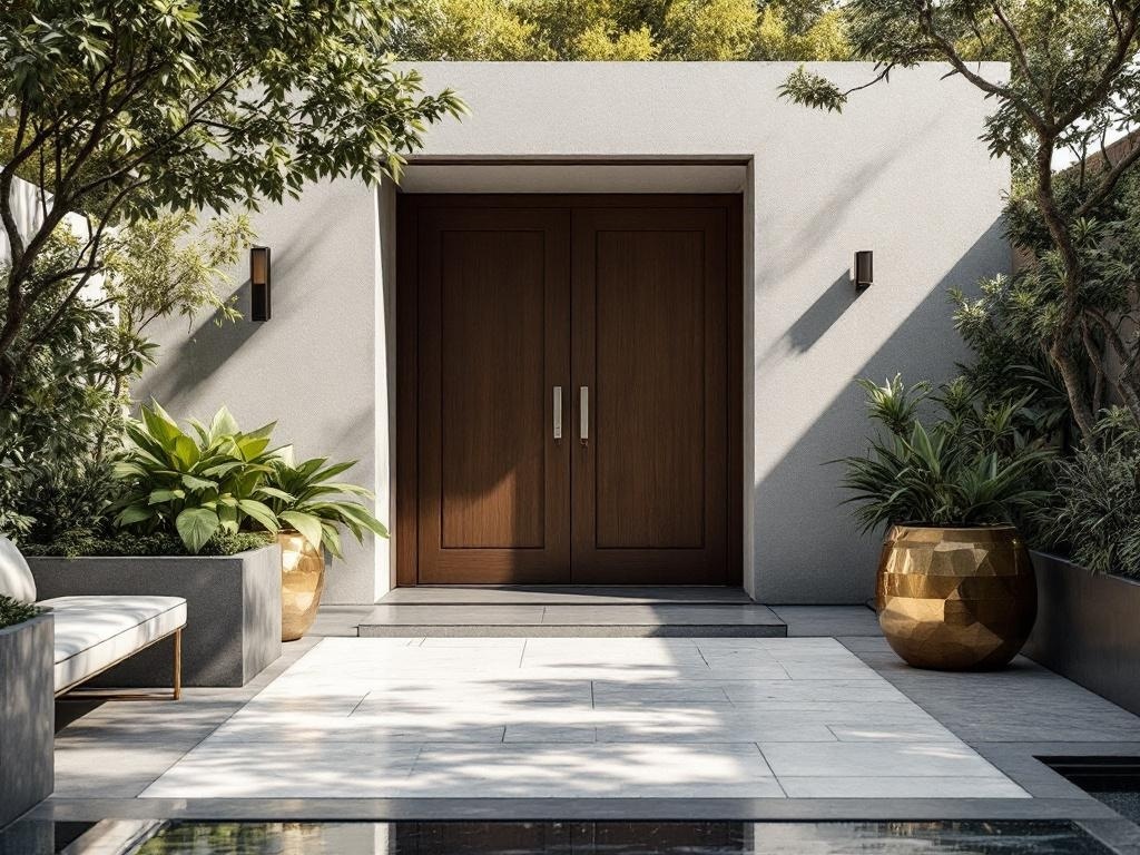 Modern entryway with a wooden door, plants, and stylish decor