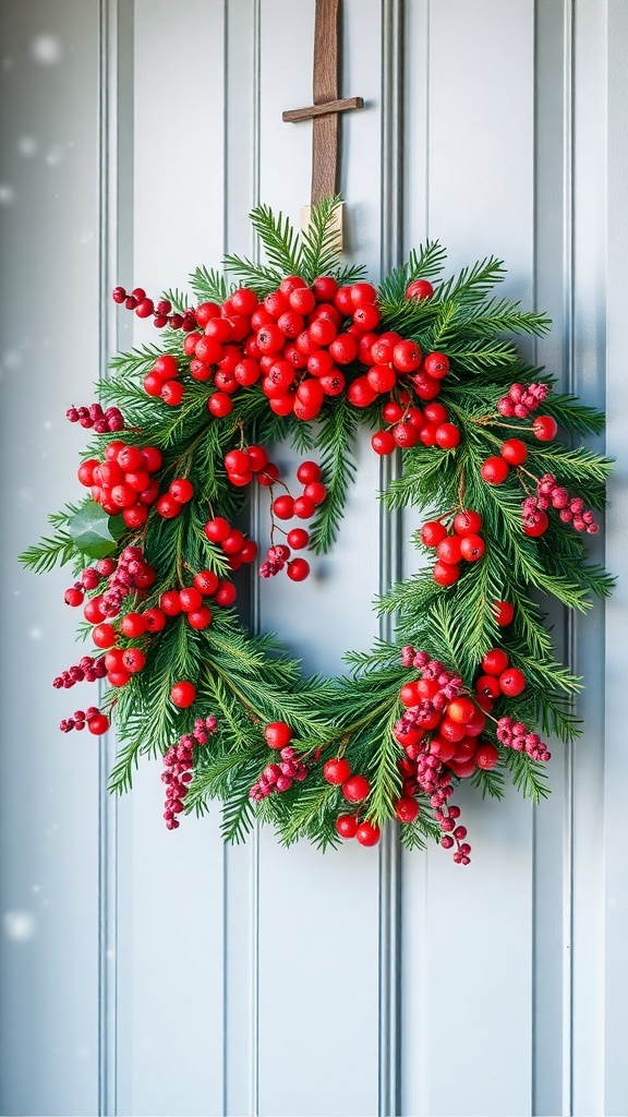 A vibrant wreath made of red berries and green cedar hanging on a door.