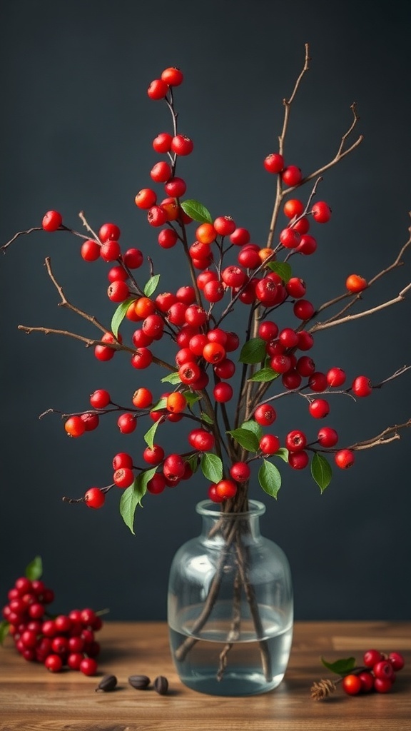 A clear vase filled with berry branches, showcasing bright red and orange berries against a dark background.