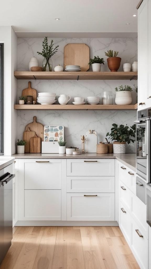 Open kitchen shelving with wooden shelves displaying dishes and plants.