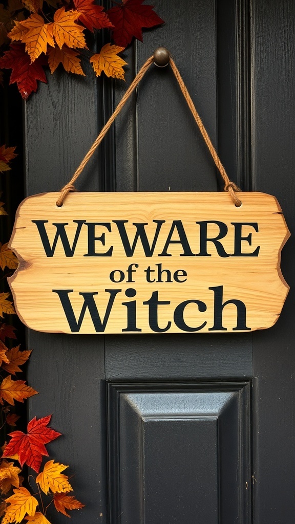 Wooden sign that says 'Beware of the Witch' with autumn leaves around it