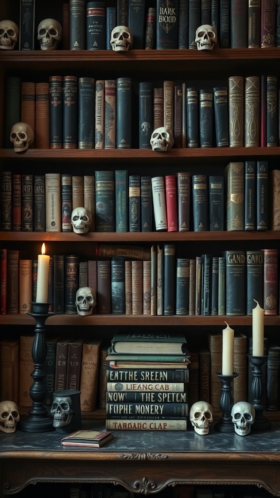 A bookshelf decorated for Halloween with old books, skulls, and candles.