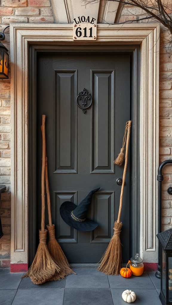 A Halloween door display featuring broomsticks, a witch's hat, and pumpkins.