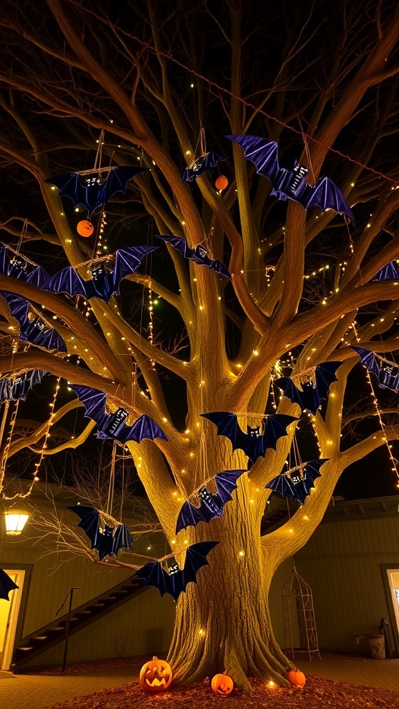A Halloween tree decorated with bats and lights, featuring pumpkins at the base.