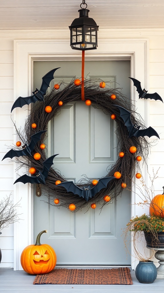 A Halloween wreath featuring black bats and orange pumpkins on a door.