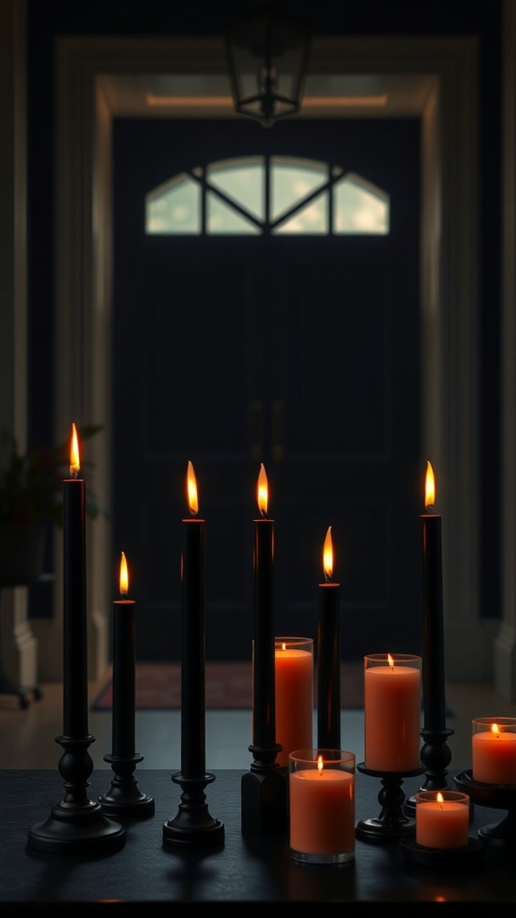 A collection of candles in various heights and styles, glowing warmly in a dark entryway.