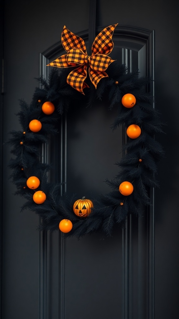 A Halloween wreath featuring black foliage, orange ornaments, and a jack-o'-lantern, topped with a checkered bow.