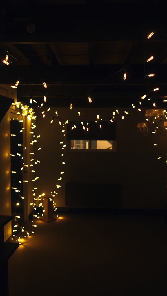 A room decorated with warm yellow fairy lights for Halloween.