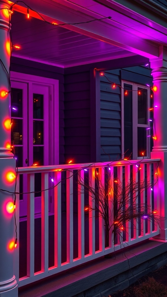 A front porch decorated with purple and orange string lights for Halloween.