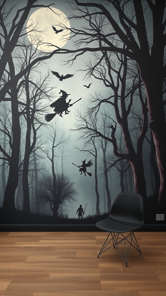 A spooky wall mural featuring a witch flying across a full moon with bats and dark trees.