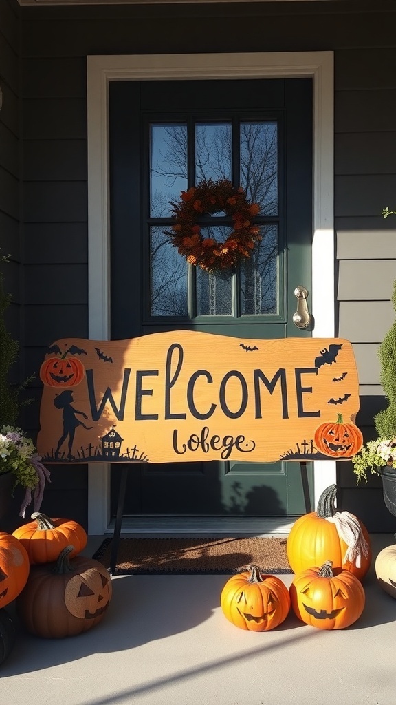 Halloween porch with a welcome sign, pumpkins, and a wreath