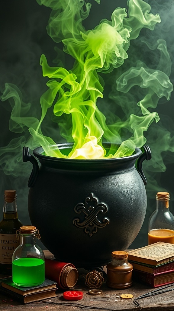 A black witch's cauldron with green smoke rising, surrounded by potion bottles and old books.
