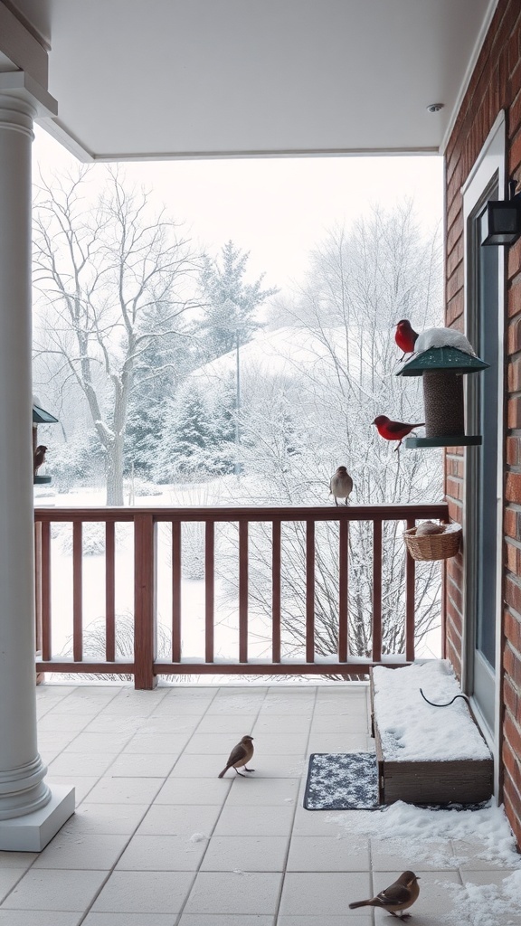A snowy porch with bird feeders and birds enjoying the winter scene.