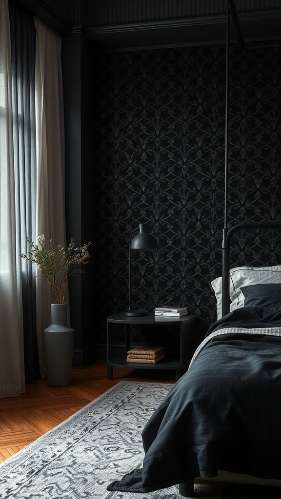 A stylish black accent wall with floral wallpaper in a modern bedroom setting.