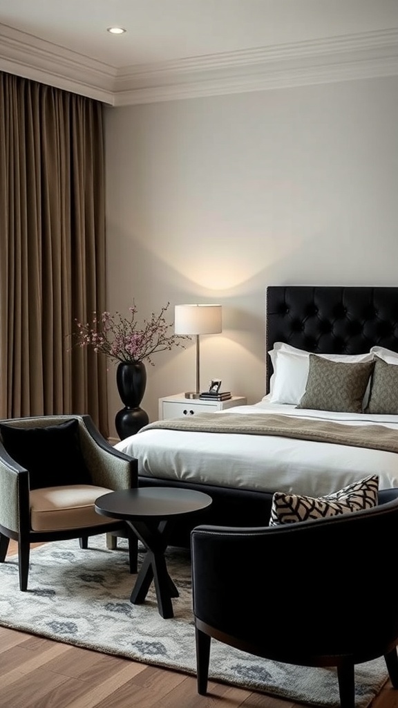 A stylish black and cream bedroom featuring accent furniture.