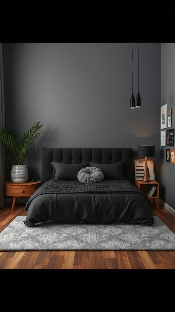 A stylish black bedroom featuring dark walls, wooden accents, and cozy textiles.
