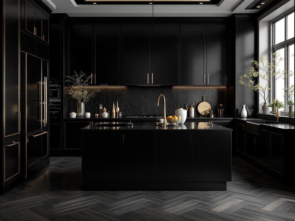 A modern black kitchen featuring gold accents, with sleek cabinetry and elegant lighting.