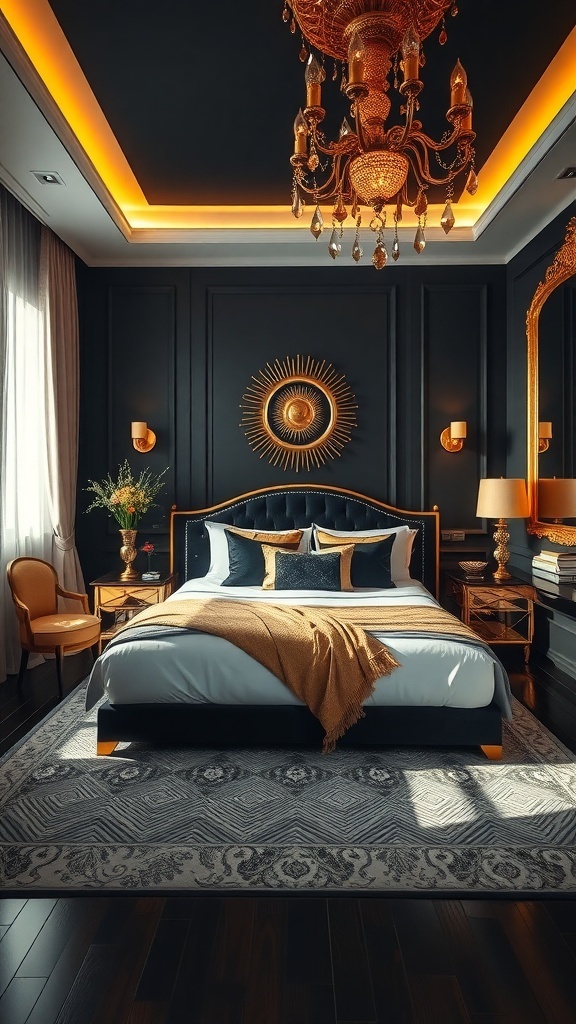 A luxurious black and gold themed bedroom with elegant decor.