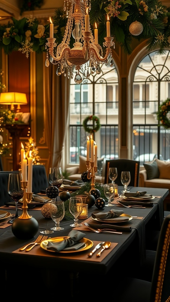 Elegant black and gold table setting for Christmas