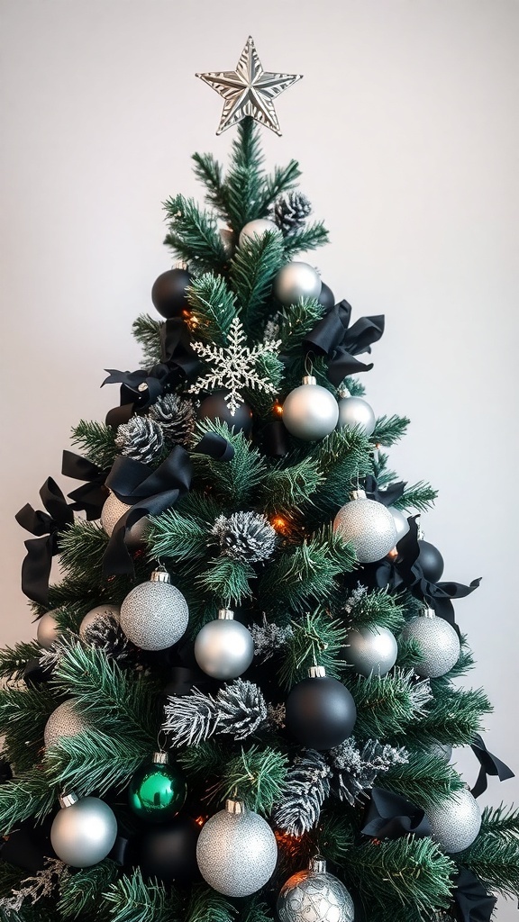 A Christmas tree decorated with black and silver ornaments, featuring a star on top.