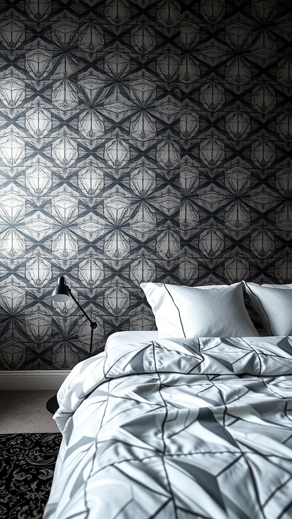 A stylish bedroom featuring black and silver geometric patterns on the walls and bedding.