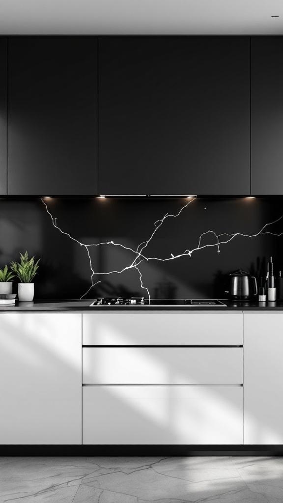 A modern kitchen featuring a black splashback with white veining, white cabinetry, and potted plants.