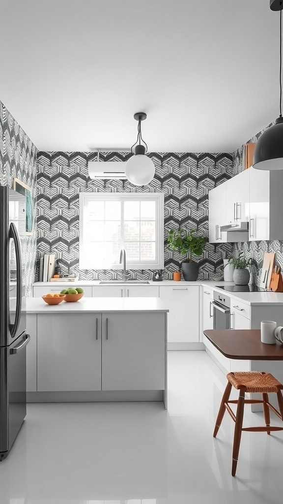 A modern kitchen featuring black and white patterned wallpaper with sleek white cabinets and colorful accents.