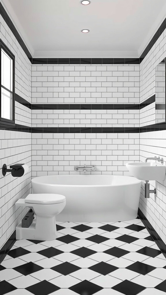 A stylish bathroom featuring black and white tiles, with subway tiles on the walls and a patterned floor.