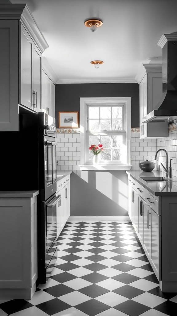 A modern black and white kitchen with checkered flooring and natural light.
