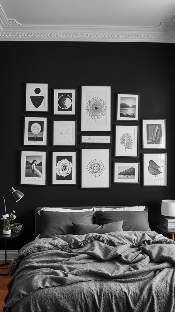 A black and white gallery wall featuring various framed artworks on a black wall.