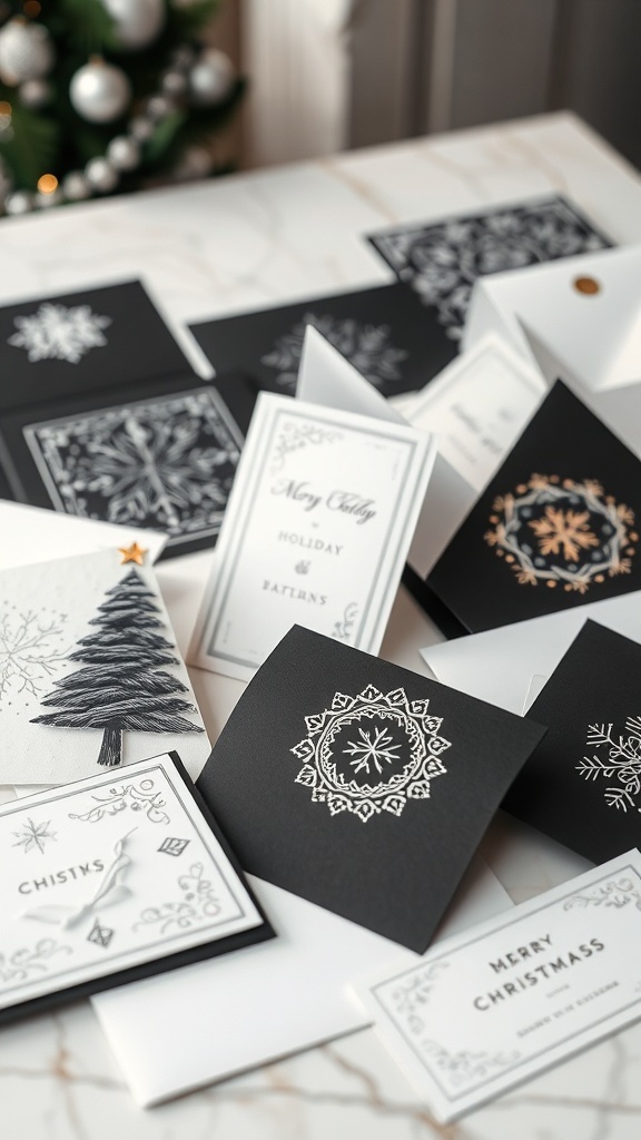 A collection of black and white holiday cards featuring Christmas trees and festive messages.