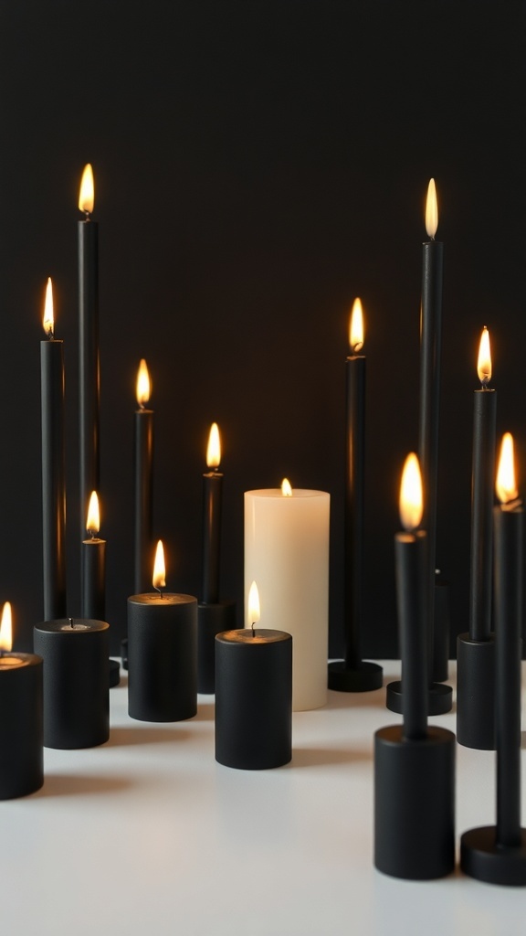A variety of black candles in different heights and sizes, some lit, creating a warm atmosphere.