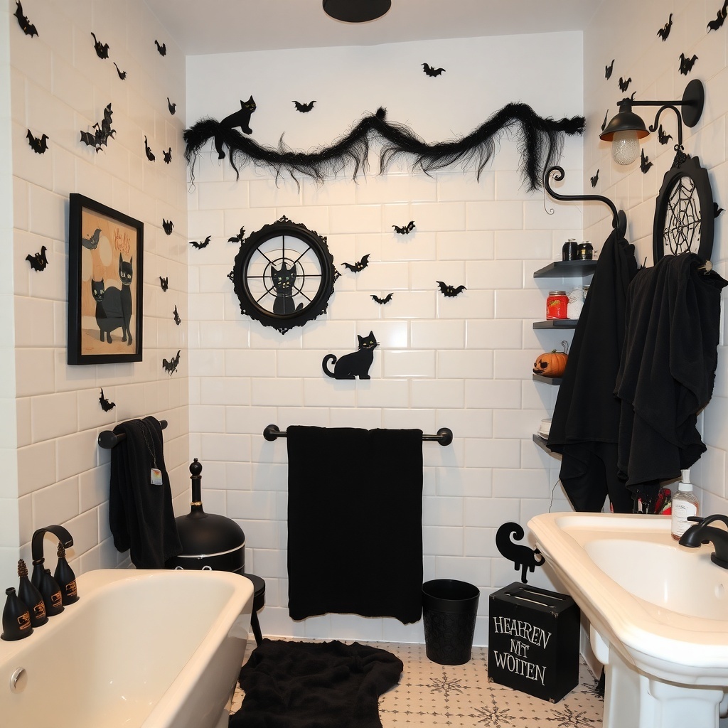 A Halloween-themed bathroom decorated with black cat accents and bats.
