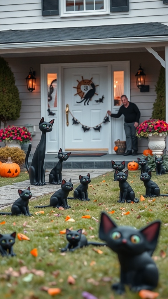 A front yard decorated for Halloween with multiple black cat figures, pumpkins, and colorful flowers.
