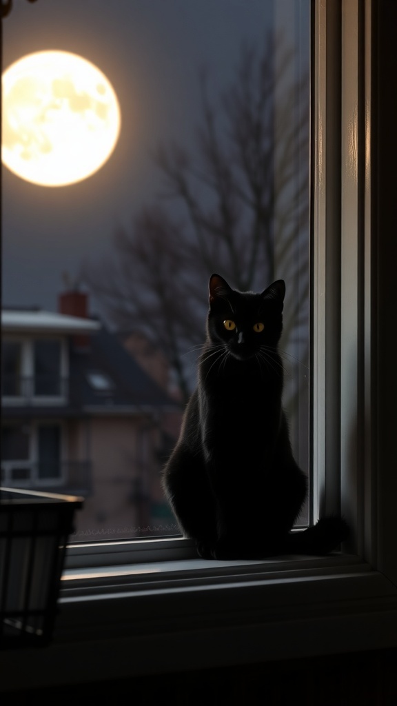A black cat sitting in a window with a full moon in the background.