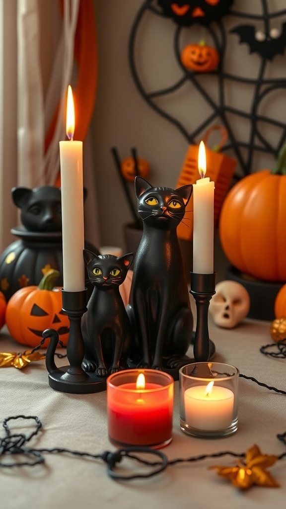 Black cat candle holders with candles and Halloween decorations
