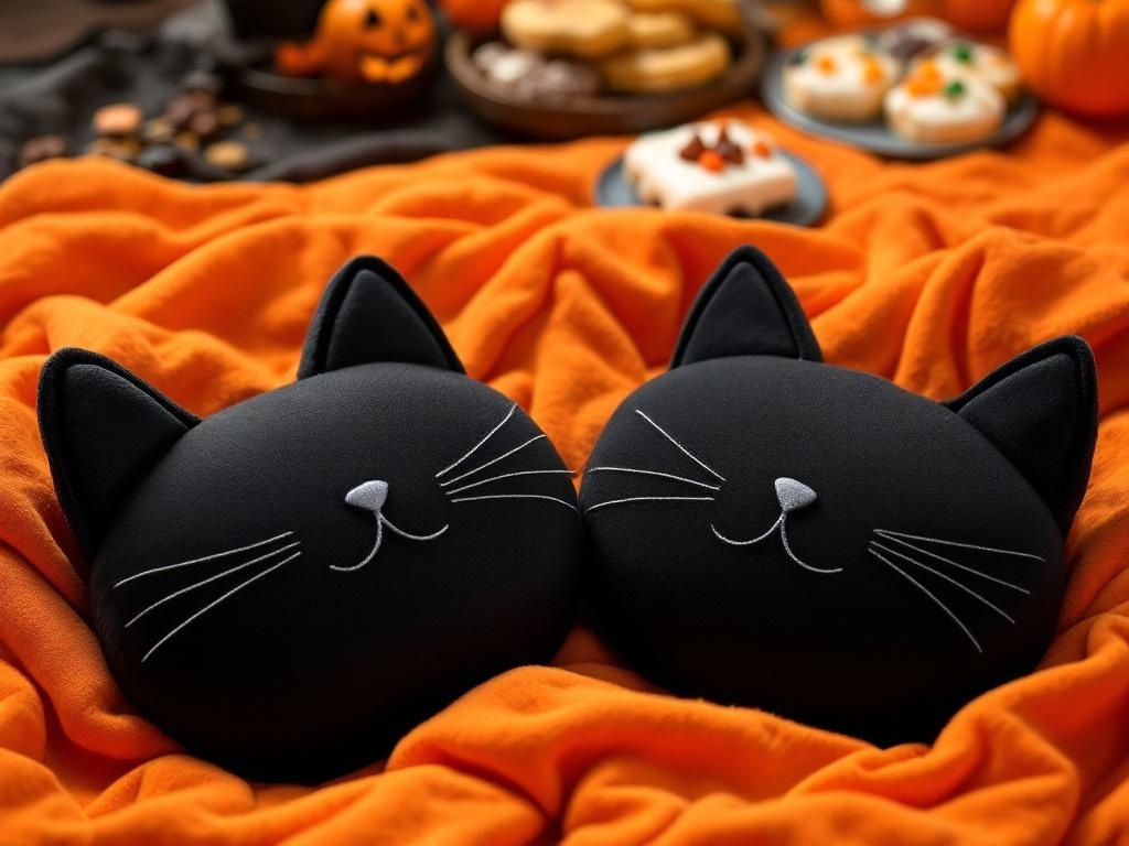 Two black cat plush pillows on an orange blanket, surrounded by Halloween treats.