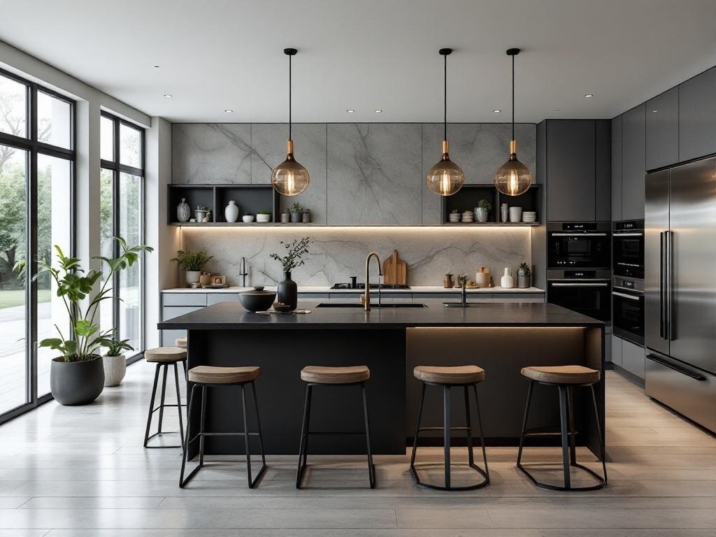 A modern black kitchen island with wooden stools and stylish pendant lights.
