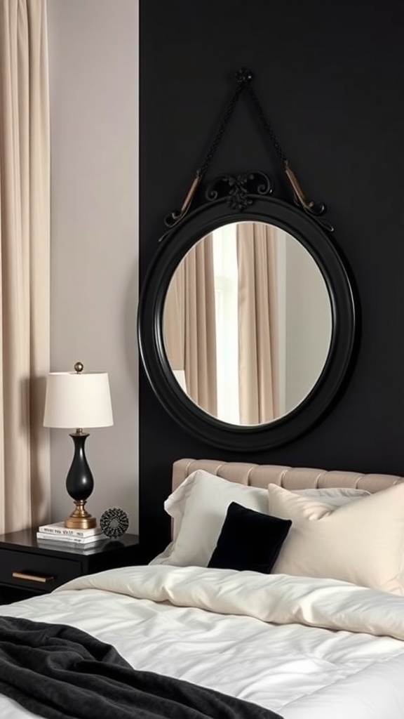 A stylish black mirror hanging on a wall in a black and cream bedroom, adding depth and elegance.