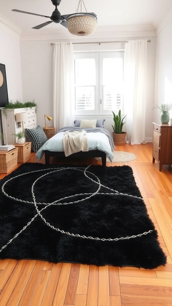 A cozy black rug with letters on it placed in a stylish bedroom.