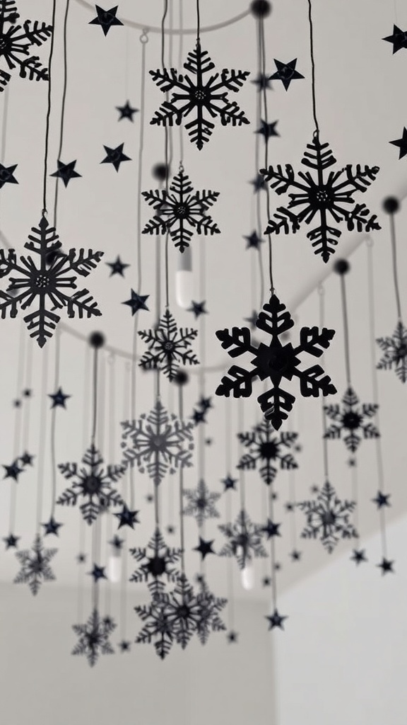 Black snowflakes and stars hanging from the ceiling