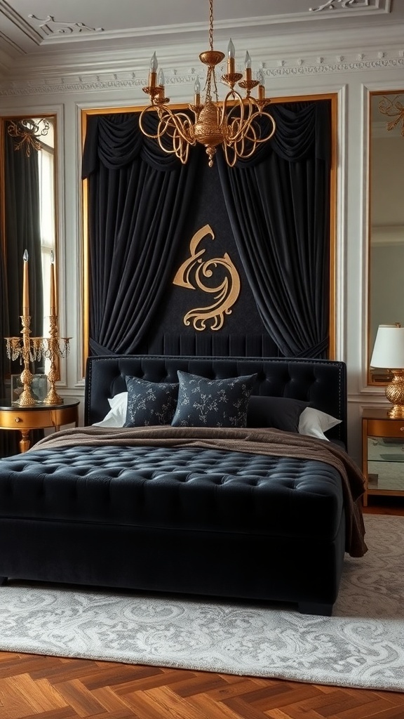 A luxurious black velvet bed with gold accents in a stylish bedroom setting.
